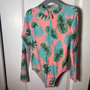 J. Crew Crewcuts Girls' One-Piece Zip Rashguard Pink Palm Leaf Long Sleeve 6-7